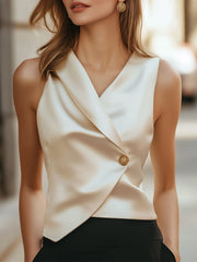 Asymmetric Satin Wrap Blouse with Gold Button