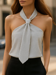 Striped Halter-Neck Knot Front Blouse