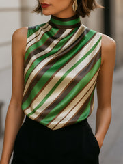 Striped Satin High-Neck Sleeveless Blouse