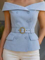 Elegant Off-Shoulder Belted Blazer Top