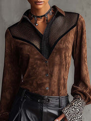 Brown Faux Suede Mesh Patchwork Leopard Cuff Blouse