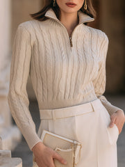 Half-Zip Cable Knit Sweater With Structured Silhouette