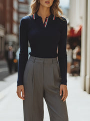 Navy Ribbed Knit Polo Top And Gray Tailored Trousers Set