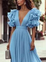 24-Hour-Shipping Ruffled Short-Sleeve V-Neck Chiffon Maxi Dress