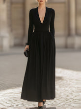Black Deep V-Neck Long Sleeve Maxi Dress With Pockets