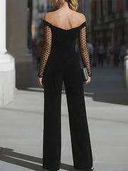 Black Velvet Off-Shoulder Jumpsuit With Sheer Dot Sleeves