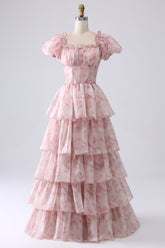 Blush A Line Square Neck Tiered Prom Dress with Ruffles