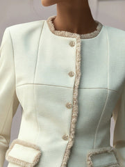 Elegant Cream Textured Blazer With Decorative Trim
