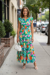 Floral V-Neck Tiered Midi Dress