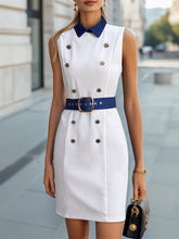 Stylish Double-Breasted White Dress with Navy Accents