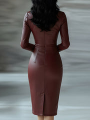 Burgundy Faux Leather Bodycon Midi Dress