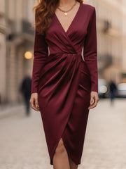 Burgundy Satin Wrap Midi Dress
