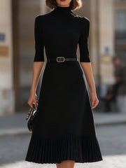Timeless Black Mock Neck Pleated Midi Dress