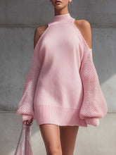 Pink Cold Shoulder Knit Mini Dress With Mesh Puff Sleeves