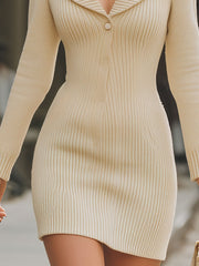 Radiant Beige Rib-Knit Deep V Collar Bodycon Mini Dress