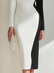 Black And White One-Shoulder Colorblock Midi Dress