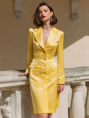 Luminous Yellow Satin Tailored Blazer Dress