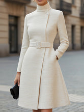 Elegant Belted High-Neck Wool Blend Dress