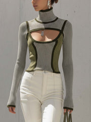 Color-blocked Knitted Openwork Turtleneck Sweater