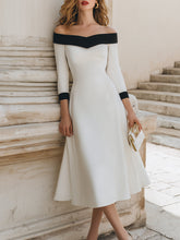 Ivory Off-Shoulder Midi Dress With Black Contrast Trim