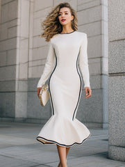 Ivory Long-Sleeve Mermaid Midi Dress With Contrast Trim
