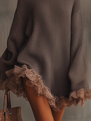 Brown Ruffled Hem Turtleneck Sweater Dress