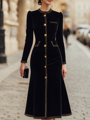 Velvet Gold-Trim Buttoned Midi Dress