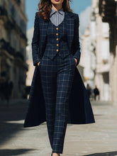 Navy Checkered Three-Piece Suit With Long Coat