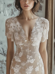 24-Hour-Shipping Light Beige Lace V-neck Short Sleeve Bodycon Dress