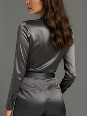 Charcoal Grey Satin Blouse with Subtle Tailored Fit