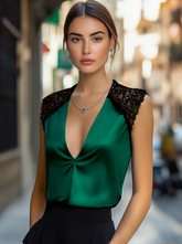 Deep V-Neck Satin Blouse with Lace Details - Emerald Allure
