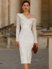 One-Shoulder Lace-Sleeve Jacquard Midi Dress