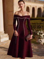 Burgundy Off-Shoulder Dress With White Piping