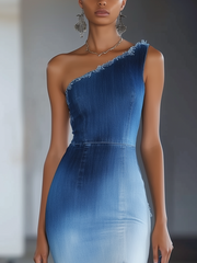 24-Hour-Shipping One Shoulder With Irregular Bottom Denim Midi Dress
