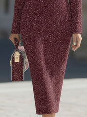 Elegant Burgundy Speckled Blazer-Collar Midi Sheath Dress