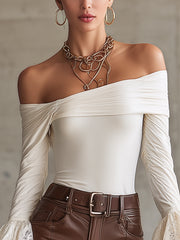 White Off-Shoulder T-shirts With Lace Flared Sleeves