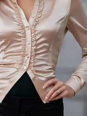 Ruched Placket Satin Button-Up Blouse