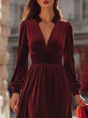 Elegant Burgundy Velvet Deep V-Neck Maxi Dress