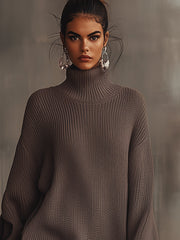 Brown Ruffled Hem Turtleneck Sweater Dress