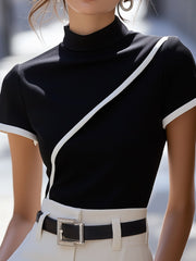 Elegant Black High-Neck Top with White Trim