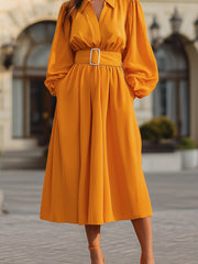 V-Neckline Belted Long-Sleeve A-Line Midi Dress