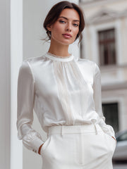 Pleated Front Satin Blouse With Refined Collar