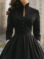 Elegant Band Collar Buttoned Midi Dress
