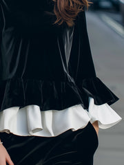Velvet Ruffle Hem Blouse With Contrast Layered Flounces