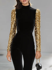 Elegant Black Velvet Jumpsuit With Gold Sequin Sleeves And Flared Legs