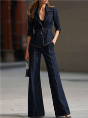 Elegant Dark Denim Contrast-Stitch Suit Set With Flared Trousers