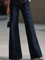 Elegant Dark Denim Contrast-Stitch Suit Set With Flared Trousers