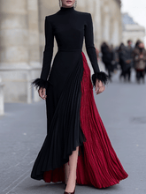 Black And Red Pleated Gown With Feather Cuff Details