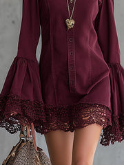 Wine Red Flared-Sleeve Button-Front Mini Dress With Lace Hem