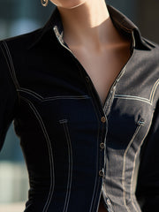 Chic Denim Style Blazer Shirt With Contrast Stitching